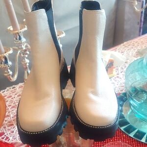 Karl Lagerfeld Cream and Black Ankle Boots with Chunky Platform Sole.